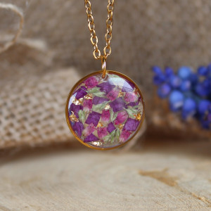 Złota zawieszka złoty wisiorek kwiat naszyjnik żywica z żywicy kwiaty z kwiatami fioletowy storczyk