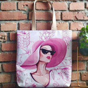 Duża torba typu shopper  na plażę letnia torba imitacja lnu dama w kapeluszu