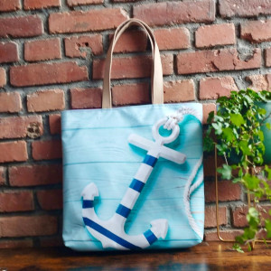 Duża torba typu shopper  na plażę letnia torba imitacja lnu styl marynistyczny kotwica