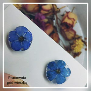 Kolczyki małe wkrętki niezapominajki prawdziwe kwiaty niebieskie