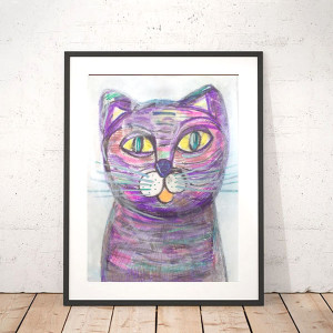 kot rysunek A4, kot obrazek dla dzieci, dekoracja do pokoju dziewczynki, kotek grafika 21x30, bajkowy obrazek z kotem, kolorowy rysunek z kotkiem
