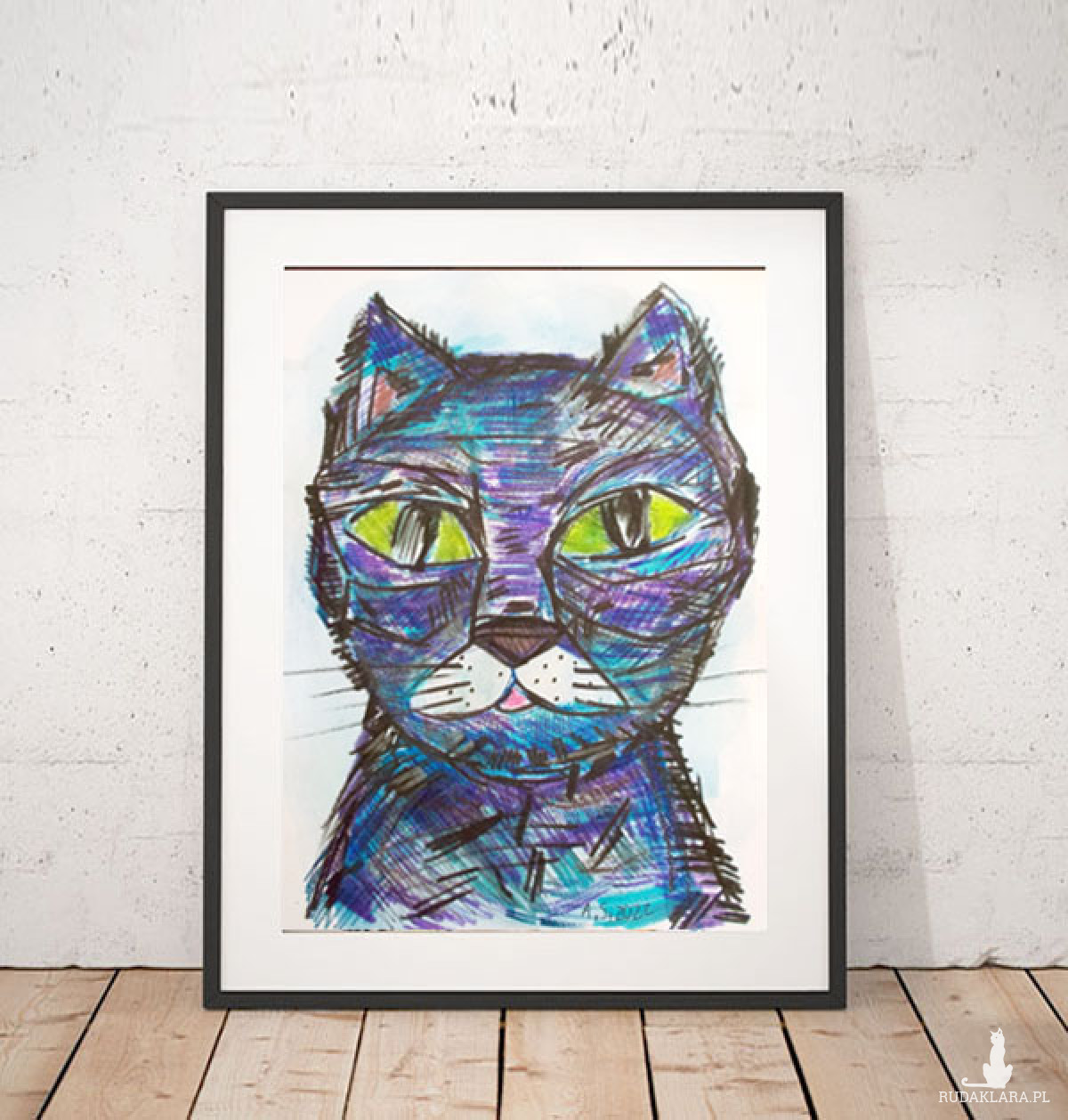 kot rysunek A4, kot obrazek 21x30, bajkowy rysunek z kotem, kotek obraz malowany ręcznie, kot rysunek do domu
