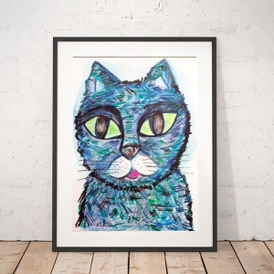 ręcznie malowany obrazek z kotem, kotek rysunek 21x30, kot obrazek A4, bajkowy obraz z kotem, kotek grafika do domu, zabawny szkic z kotem