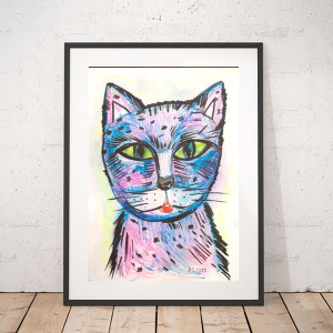 kot obrazek malowany ręcznie, kotek rysunek A4, kot rysunek 21x30, bajkowy rysunek z kotem, kot grafika do pokoju nastolatki, rysunek do pokoju dziewczynki, kocica obraz kolorowy