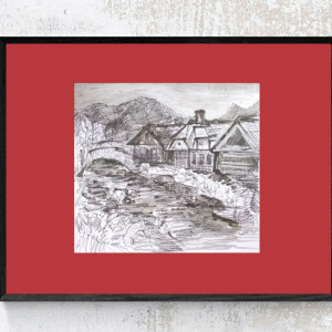 retro plakat 30x40, vintage plakat z pejzażem, krajobraz plakat A3, bordowo szary obrazek 30x40, boho plakat A3, dekoracja do domu, minimalizm plakat na ścianę