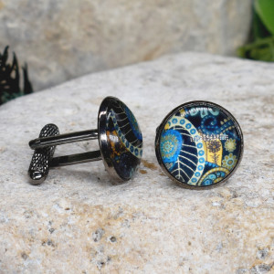 Czarne spinki do mankietów koszuli z oczkiem / abstrakcja, geometria #215