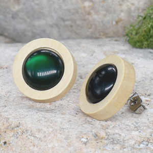 Drewniane kolczyki sztyfty z kolorowymi kaboszonami boho #45