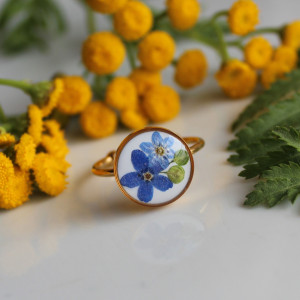 Złoty pierścionek regulowany kwiaty z kwiatami kwiatem niezapominajki niezapominajkami duży