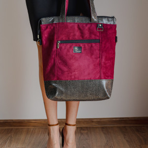Torebka damska tote bag w kolorze czerwonego wina i wężowej eskoskóry