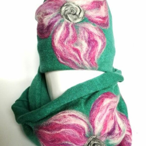 komplet wełniany turkusowy wełna merynosy kwiaty