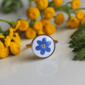Srebrny pierścionek regulowany kwiaty z kwiatami kwiatem niezapominajki niezapominajkami niezapominajką suszone kwiaty żywica
