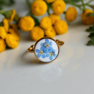 Złoty pierścionek regulowany kwiaty z kwiatami kwiatem niezapominajki niezapominajkami duży niezapominajką