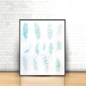 miętowy plakat 40x50, boho plakat do domu, pastelowy obrazek z piórami, minimalizm plakat na ścianę, miętowy plakat naklejka