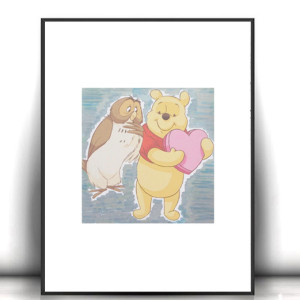 Kubuś Puchatek plakat A4, bajkowy plakat z misiem i sową, sowa plakat A4, serduszko plakat 21x30, obrazek z Kubusiem Puchatkiem, plakat dla dziecka