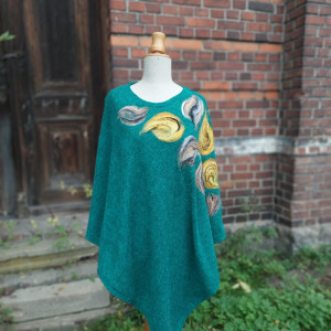 poncho z dzianiny wełnianej turkus