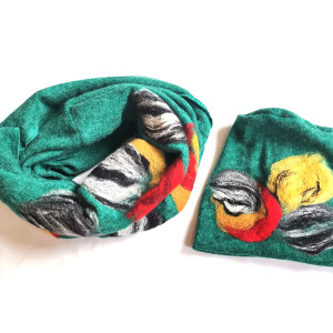 komplet wełniany turkus wełna merynosy kwiaty