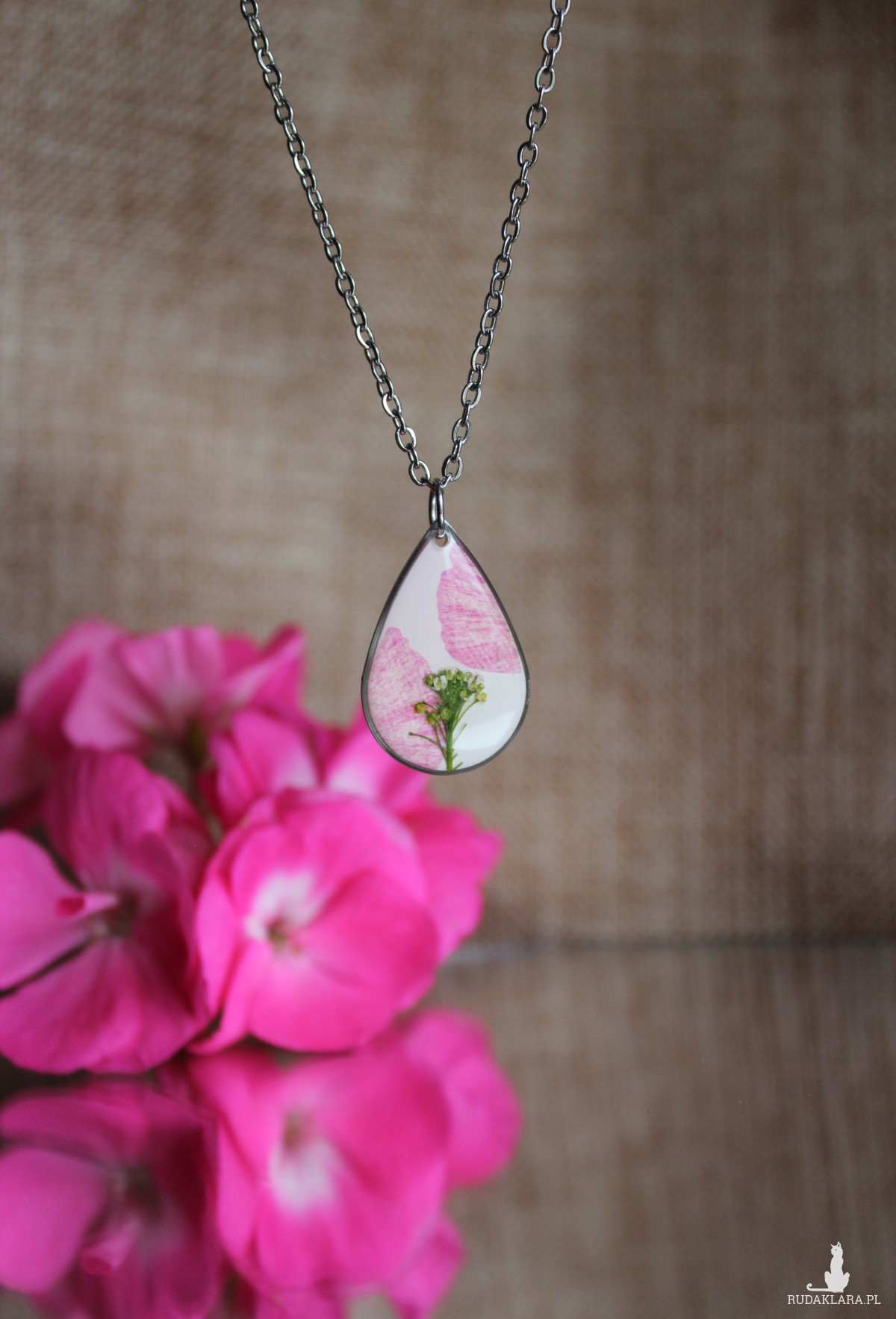 Srebrna łezka zawieszka srebrny wisiorek kwiat naszyjnik żywica z żywicy suszone kwiaty z kwiatami naturalne kobieca dziewczęca różowa goździk