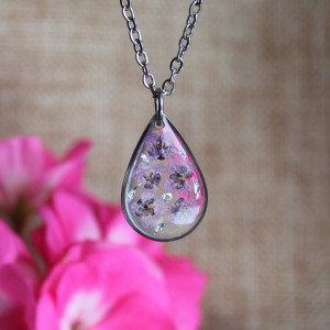 Srebrna łezka zawieszka srebrny wisiorek kwiat naszyjnik żywica z żywicy suszone kwiaty z kwiatami naturalne kobieca dziewczęca smagliczka