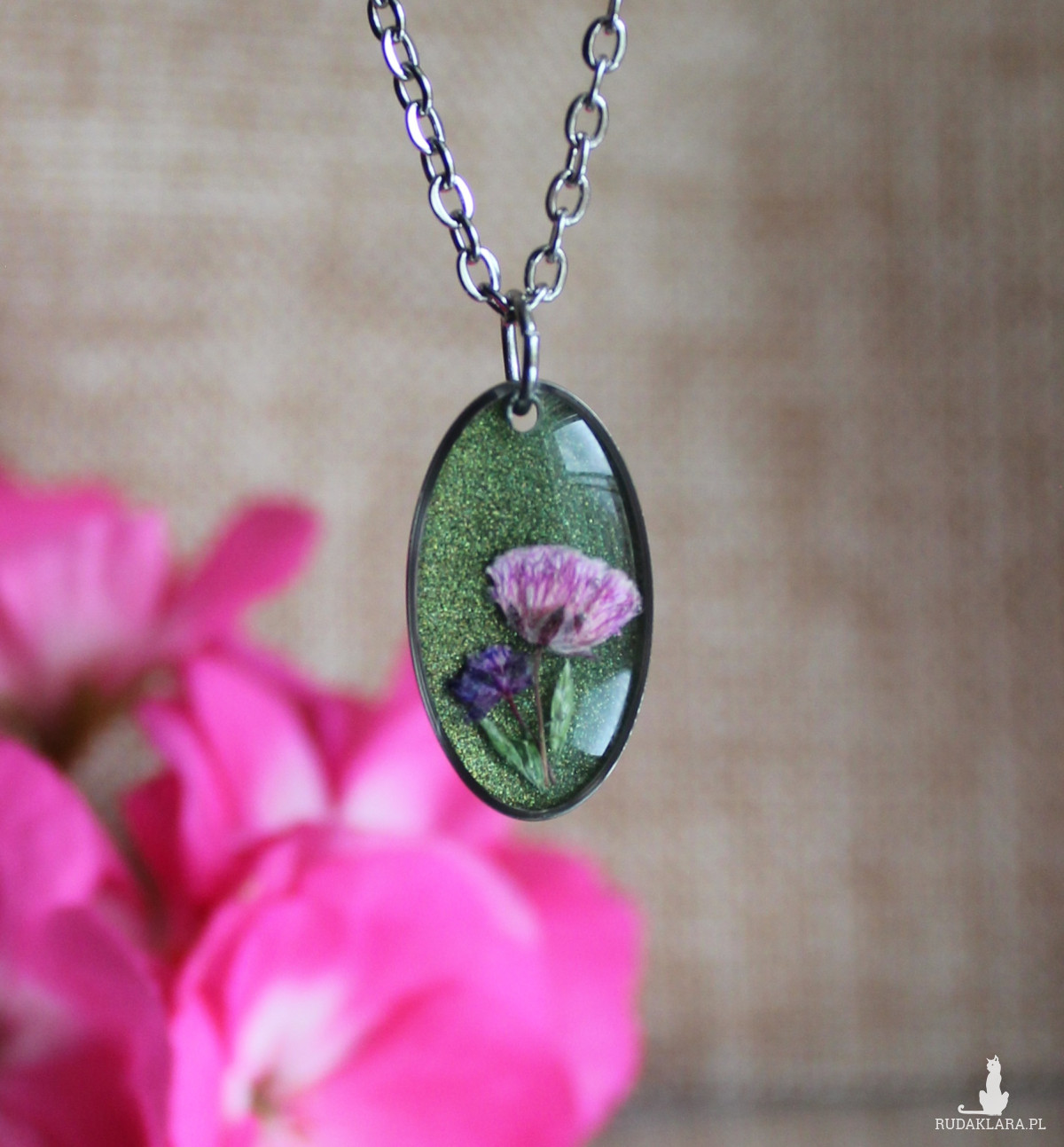 Srebrna jajowata zawieszka srebrny wisiorek kwiat naszyjnik żywica z żywicy suszone kwiaty z kwiatami naturalne różowa kobieca dziewczęca zielona