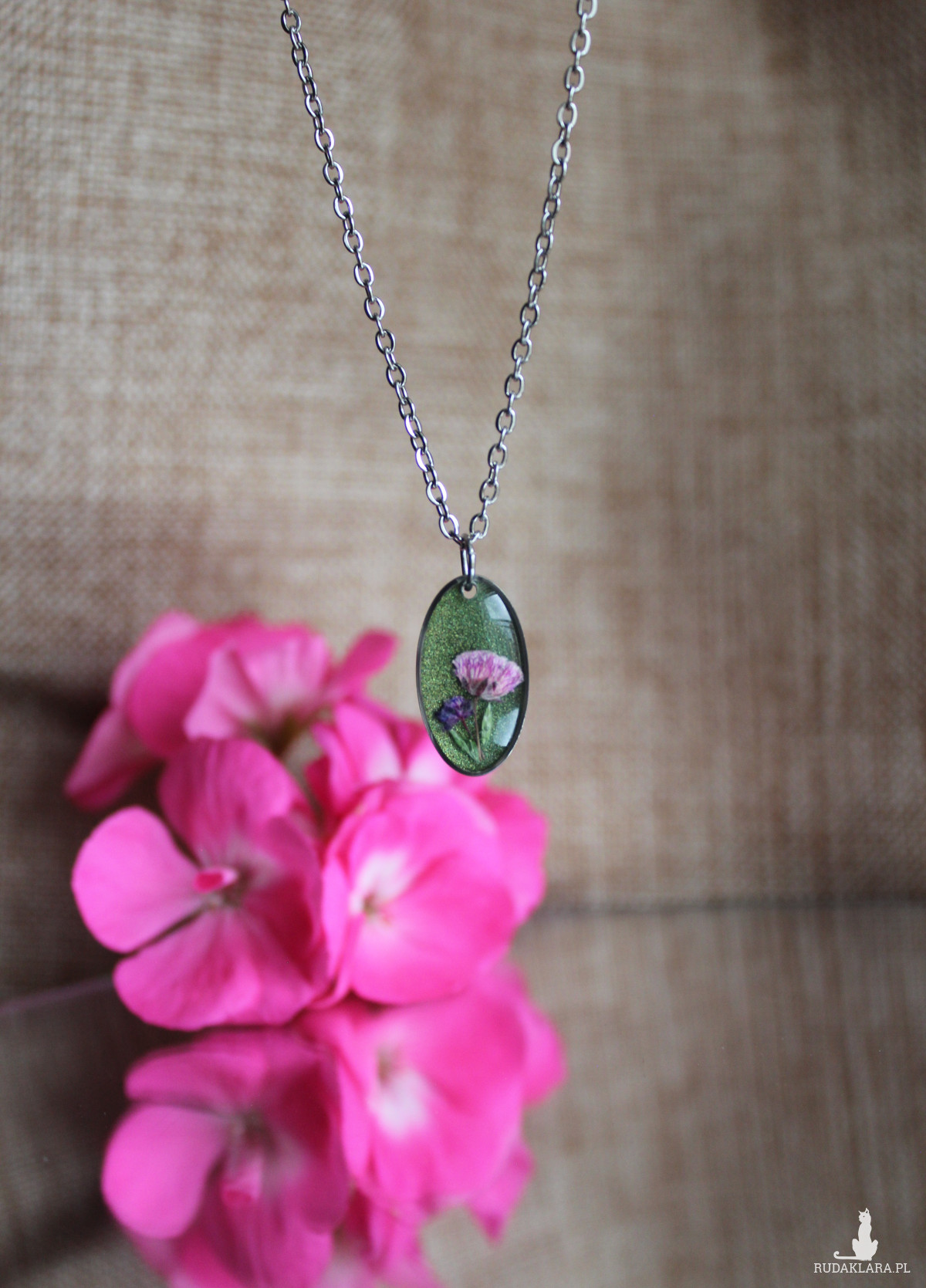 Srebrna jajowata zawieszka srebrny wisiorek kwiat naszyjnik żywica z żywicy suszone kwiaty z kwiatami naturalne różowa kobieca dziewczęca zielona