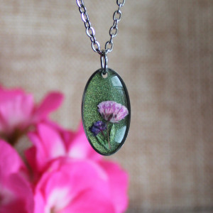 Srebrna jajowata zawieszka srebrny wisiorek kwiat naszyjnik żywica z żywicy suszone kwiaty z kwiatami naturalne różowa kobieca dziewczęca zielona