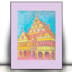 vintage plakat A4, retro plakat A4, miasto plakat, architektura plakat 21x30, obrazek z budynkiem, obrazek z kamieniczką, domy obrazek retro, mały obrazek z miasteczkiem