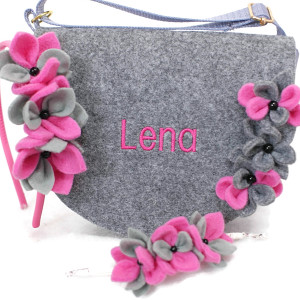 Malutka torebka z imieniem, opaska z różowymi kwiatuszkami