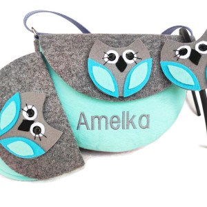 Malutka torebka z imieniem, opaska z sową