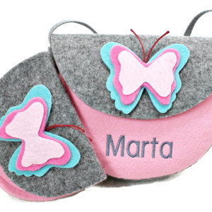Malutka torebka z imieniem, portfelik z motylkiem