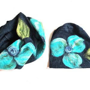 komplet wełniany granat wełna merynosy kwiaty