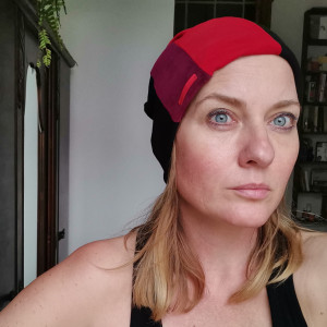 Czapka dzianinowa  patchworkowa smerfetka