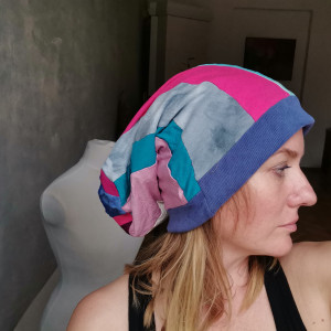 Czapka dzianinowa  patchworkowa smerfetka