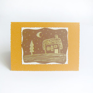 bajkowa kartka świąteczna, Boże narodzenie kartka z domkiem, musztardowa kartka z domem, rustykalne kartki na Nowy Rok, dom kartka, domek kartka, hand made kartki dla firm