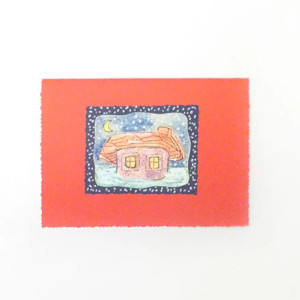 bajkowe kartki na Boże Narodzenie, świąteczna kartki malowane ręcznie, domek kartka bez życzeń, kartka z domkiem, dom kartka dla dziecka, czerwona kartka z domem, kartki dla dzieci