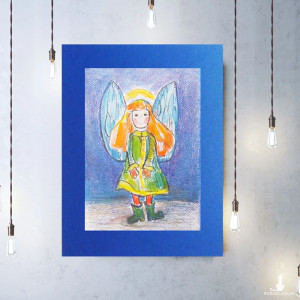 aniołek obrazek A4, akwarela z aniołkiem, aniołek rysunek 21x30, ręcznie malowany obraz z aniołkiem, anioł dekoracja na ścianę