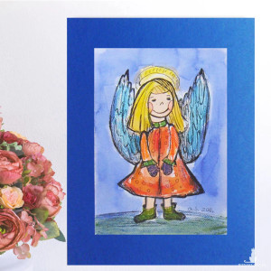 aniołek obrazek A4, akwarela z aniołkiem, aniołek rysunek 21x30, ręcznie malowany obraz z aniołkiem, anioł dekoracja na ścianę