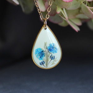 Złota łezka zawieszka złoty wisiorek kwiat naszyjnik żywica z żywicy suszone kwiaty z kwiatami naturalne kobieca dziewczęca niebieska
