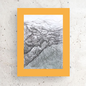 góry obraz malowany ręcznie, pomarańczowo szary rysunek 30x40, nowoczesny rysunek do domu, górski pejzaż na ścianę, skandynawski obraz do sypialni, minimalizm grafika
