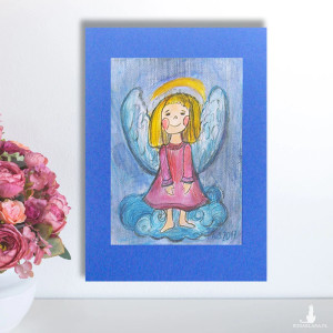 aniołek obrazek A4, akwarela z aniołkiem, aniołek rysunek 21x30, ręcznie malowany obraz z aniołkiem, anioł dekoracja na ścianę