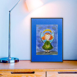 aniołek obrazek A4, akwarela z aniołkiem, aniołek rysunek 21x30, ręcznie malowany obraz z aniołkiem, anioł dekoracja na ścianę
