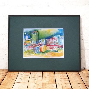 mały akwarela z miasteczkiem, ręcznie malownany obrazek do domu, kolorowy rysunek z pejzażem, miasto obrazek do domu, miasteczko obraz na ścianę