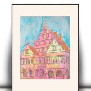 retro plakat A4, vintage plakat A4, kamieniczki plakat 21x30, architektura obrazek A4, mały obrazek z uliczką, uliczka plakat, domy obrazek 21x30