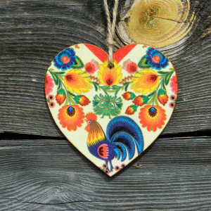 Ludowe serduszko z łowicką wycinanką, folkowe kwiaty i kogut, Retro prezent na Boże Narodzenie, vintage na choinkę, Serce na Walentynki, Rustykalny prezent dla ukochanej