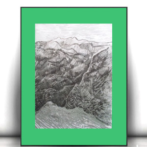 pejzaż górski malowany ręcznie, zielono szary obraz do domu, skandynawski rysunek z górami, minimalizm grafika do sypialni, biało czarny szkic do gabinetu