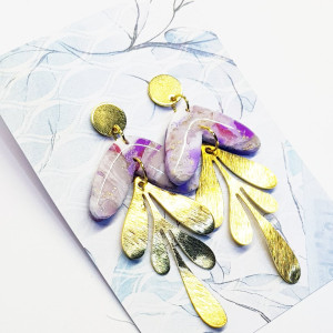 Kolczyki z gliny polimerowej Liście perła i fiolet