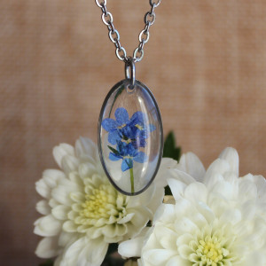 Srebrna jajowata zawieszka srebrny wisiorek kwiat naszyjnik żywica z żywicy suszone kwiaty z kwiatami naturalne kobieca dziewczęca niezapominajki