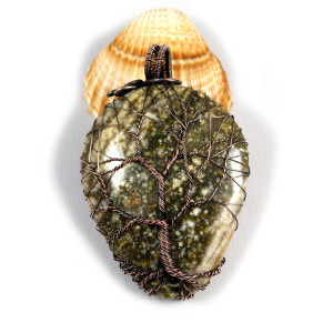 Jaspis i Drzewko szczęścia, Miedziany wisior z jaspisem oceanicznym, ręcznie wykonany, prezent dla niej, prezent dla mamy, prezent urodzinowy