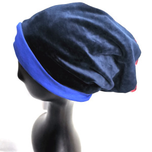 Czapka granat aksamitna w kratke