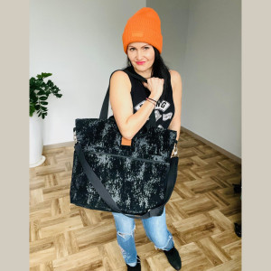Duża torba z jeansu powlekanego welurem "Mili Weekend Bag" - czarna