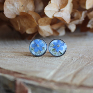 Srebrne kolczyki wkręty sztyfty żywica z żywicy kwiaty z kwiatami suszone prawdziwe kwiaty retro vintage kobiece na prezent delikatne niebieskie niezapominajki niezapominajkami